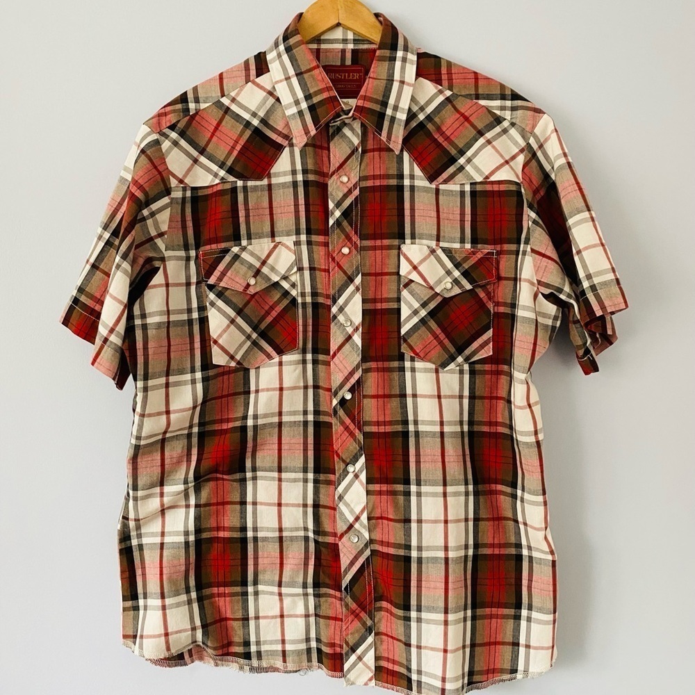 Rustler X-Long Tails Western Pearl Snap Red Plaid Short Sleeve Shirt Mens Large - Picture 5 of 10